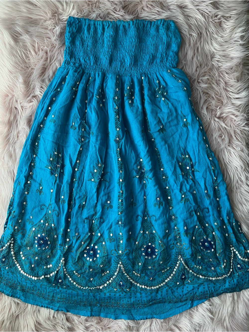 Y2K Embroidered w Sequins Teal Strapless Summer Dress Medium